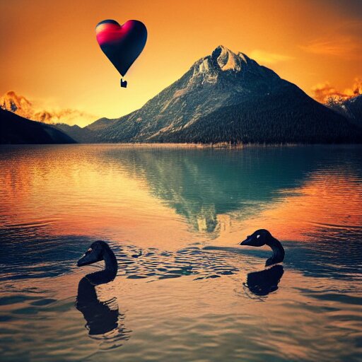 photo of two black swans swimming in a beautiful reflective mountain lake, touching heads, forming a heart with their necks, a colorful hot air balloon is flying above the swans, hot air balloon, intricate, portrait, 8k highly professionally detailed, HDR, CGsociety, octane render, 4k