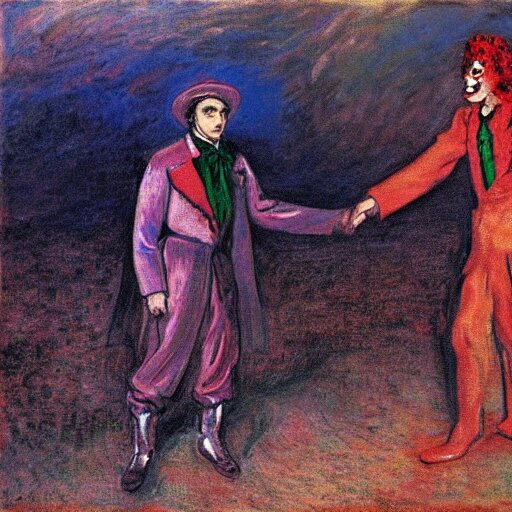 dracula shaking hands with a clown on mars by monet