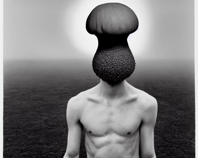 a man who's head is turning into a mushroom, annie liebowitz, black and white 