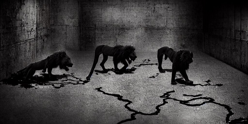 the black lion and lioness pack made of goo, dripping black goo, dripping goo, sticky black goo, stalking prey in the tar covered alley at night, viscous, sticky, dripping black goo, dripping goo, sticky black goo. photography, dslr, reflections, black goo, rim lighting, cinematic light, horror, contrast, volumetric, neon, tar pit 