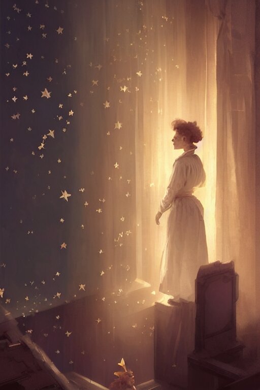 marie curie looking at image portraits on museum walls with stars and hanging silk drapery, light dust, magnificent, close up, sharp focus, elegant, highly detailed, illustration, by jordan grimmer greg rutkowski wlop maya takamura, intricate, trending artstation, pixiv, digital art 