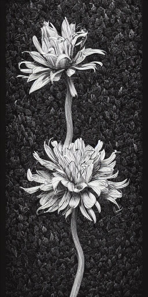 highly detailed beautiful photography of flower, sharp focus, dramatic, dynamic lighting, elegant, black background, harmony, beauty, masterpiece, by durero, by nicolas delort, moebius, pen draw 