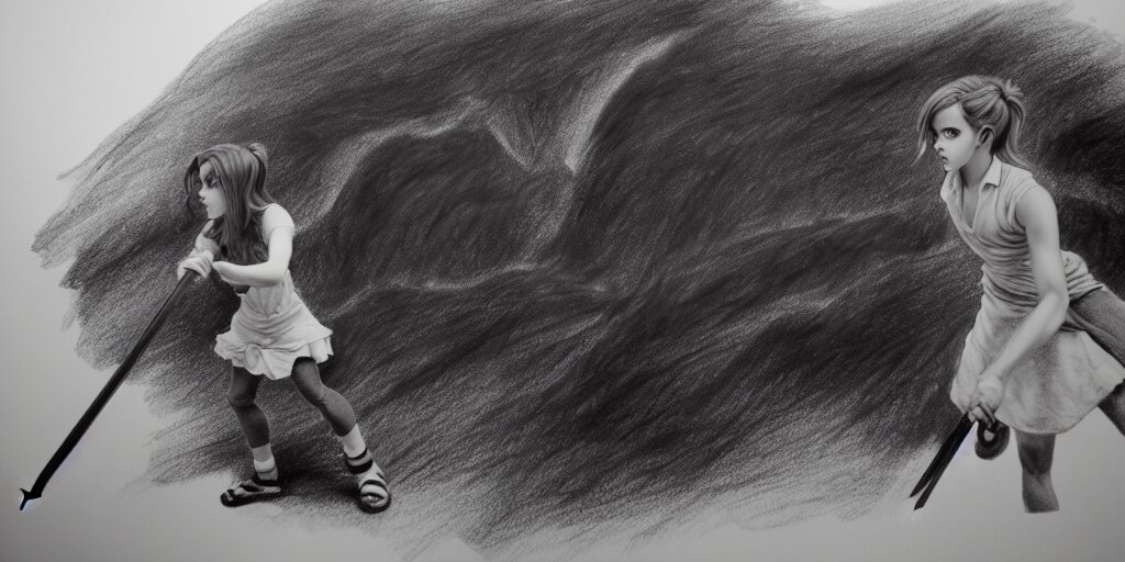 mid shot of emma watson threatening an oompa loompa, pencil and vine charcoal drawing, on medium grade paper, indian ink, variable lineart, grayscale, realistic, manga tones, detailed, set in hell, with volcanoes in the background, manga, ambient occlusion, art style of in a demon slayer manga 
