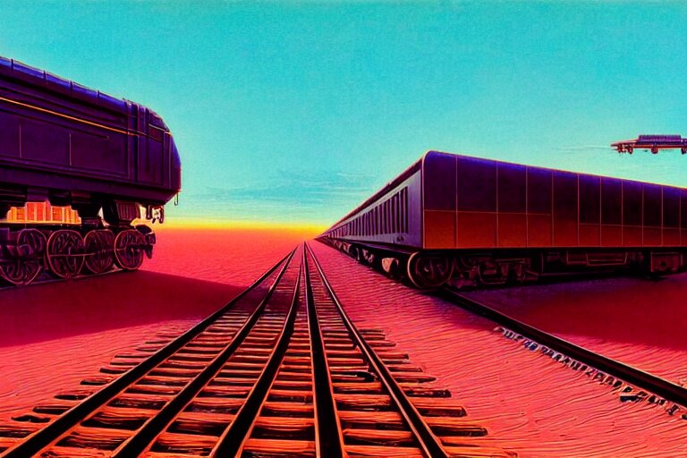 a building on huge train tracks traveling through the desert, futuristic, fantasy, intricate, elegant, dramatic lighting, highly detailed, lifelike, photorealistic