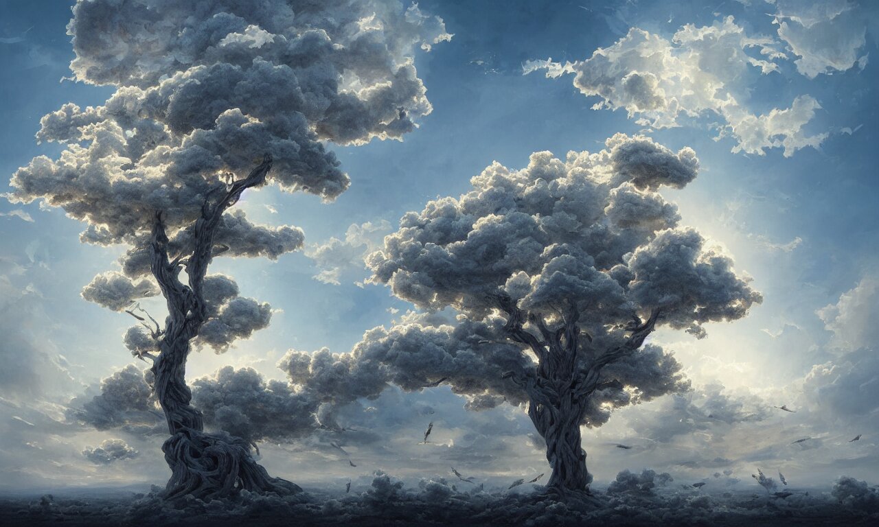 a beautiful digital painting of a marble tree made of clouds, intricate white branches and birds flying in the sunlight, blue sky at sunset, elegant, highly detailed, artstation, concept art, matte, sharp focus, art by tom bagshaw, kelogsloops and greg rutkowski 