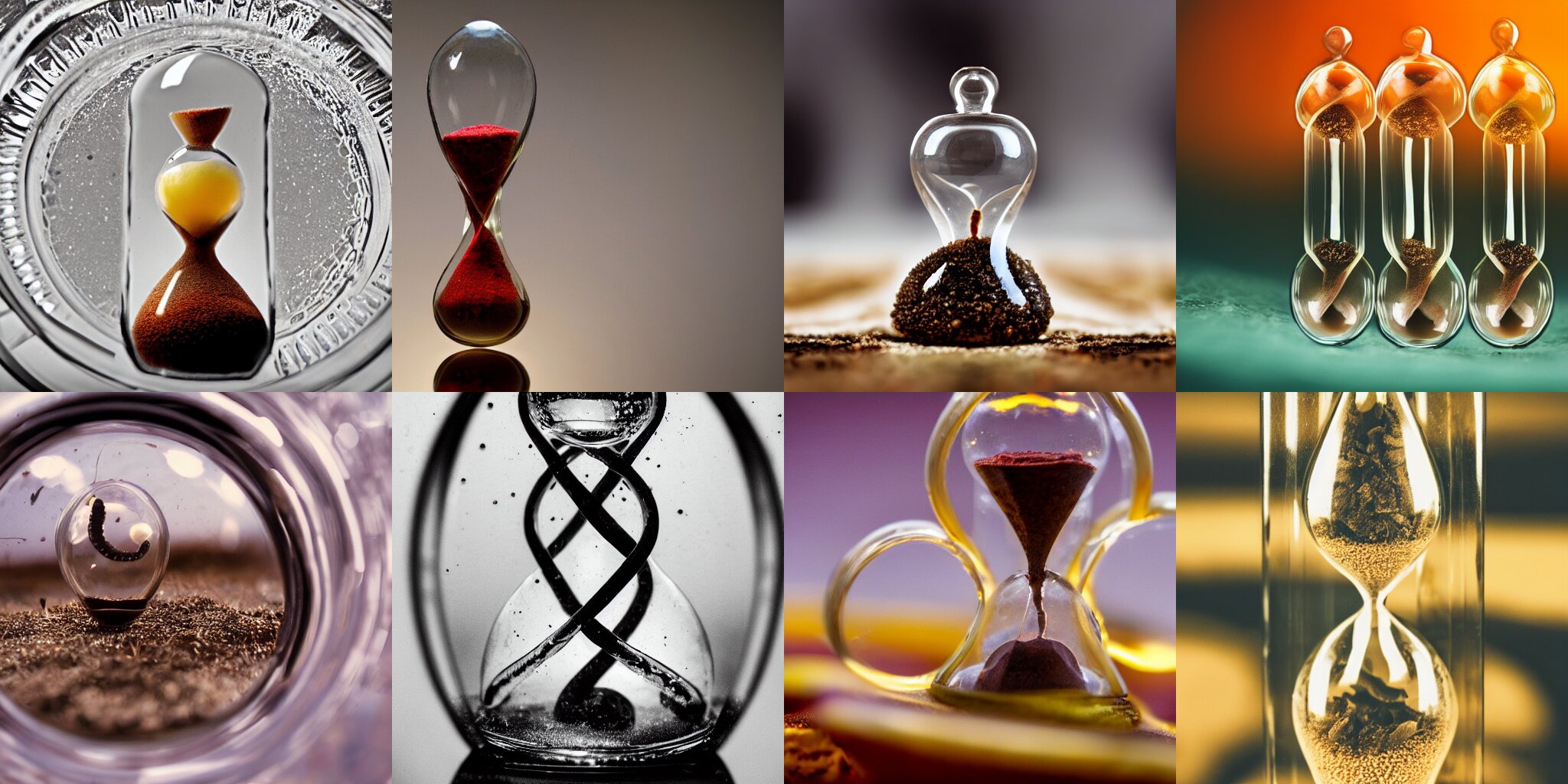 macro photo of slugs inside an hourglass. The slugs are flowing downward through the hourglass, spiraling.