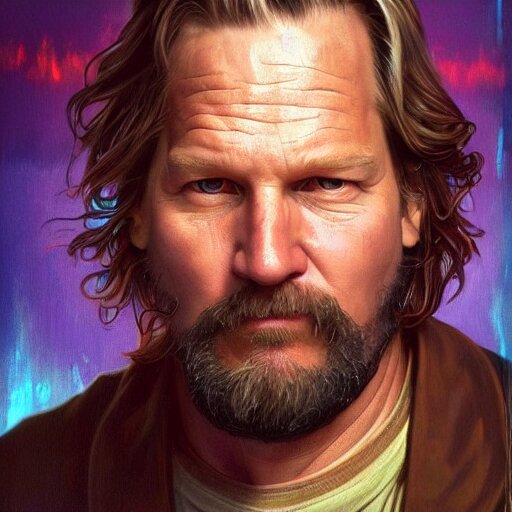 high quality illustration, jeff bridges lebowsky realistic portrait, by etam cru, cyberpunk, alphonse mucha, riot game, beautiful, epic camera, colorful background, arcane, league of legend, digital painting, dynamic colors, artstation, concept art, graffiti, neon 