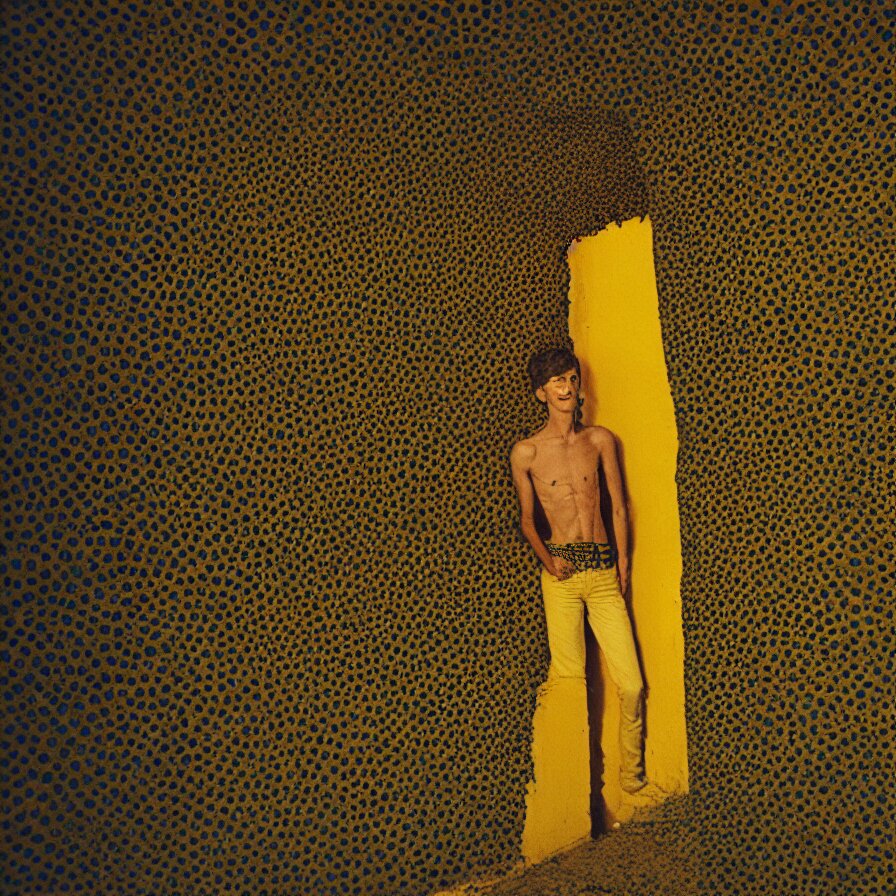 7 0 s movie still of a trypophobia skinny man with trypophobia in a yellow wall soviet tunnel, cinestill 8 0 0 t 3 5 mm eastmancolor, heavy grain, high quality, high detail 