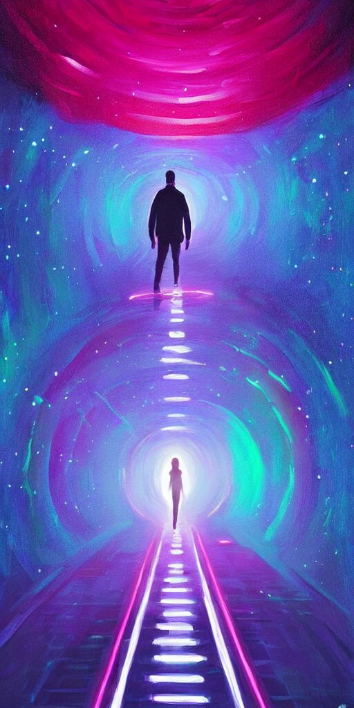 a beautiful painting of a person walking out of a stargate by sylvain sarrailh 8 k particulate neon light film grain 