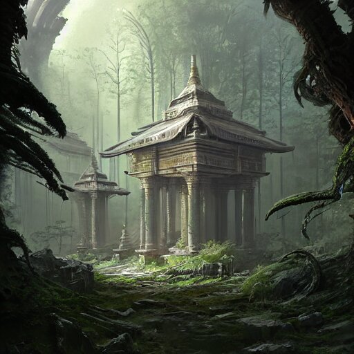 detailed sci - fi concept art of a detailed ancient temple in an overgrown forest, depth of field, unreal engine, artstation, award - winning realistic sci - fi concept art by greg rutkowski and yoshitaka amano, in the style of james gurney. 