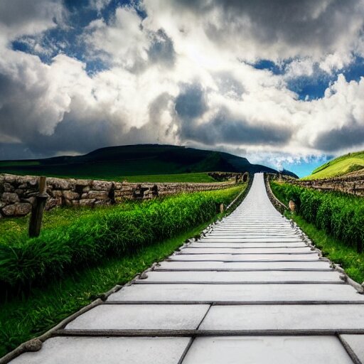 heaven, puffy white clouds, cinematic, dramatic, cinematic lighting, godrays, lightrays from the sun, heavens gate, big white pearly gates, god, jesus, sheep, white clouds, stairway to heaven, extremely intricate, highly detailed, 8 k, beautiful scenery 