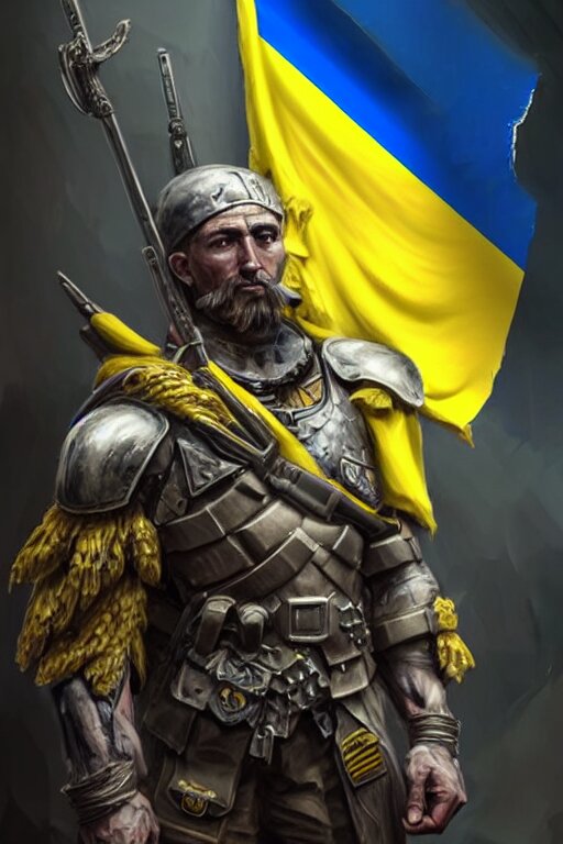 War Illustration - Ukrainian Super Soldier with Blue and Yellow Flag Behind Him Standing Alone on a Huge pile of Skulls as a Winner, Masculine Muscular Figure, D&D, Fantasy, Intricate, Elegant, Highly Detailed, Extremely Detailed, Digital Painting, ArtStation, Concept Art, Matte, Sharp Focus, Symmetrical, Illustration. make it into a gritty war illustration