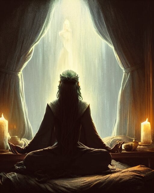 a female elvish wizard in a dark room, meditating, levitating above her bed | | realistic shaded, fine details, realistic shaded lighting poster by greg rutkowski, magali villeneuve, artgerm, jeremy lipkin and michael garmash and rob rey 