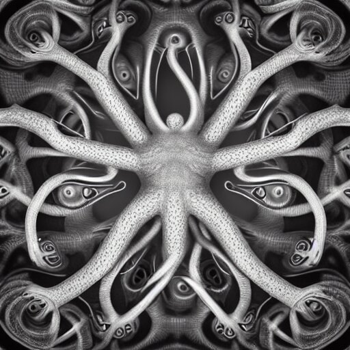 photorealistic grey scale depiction of a being with 4 2 eyes 8 arms and 8 legs floating gloriously in the void of time 