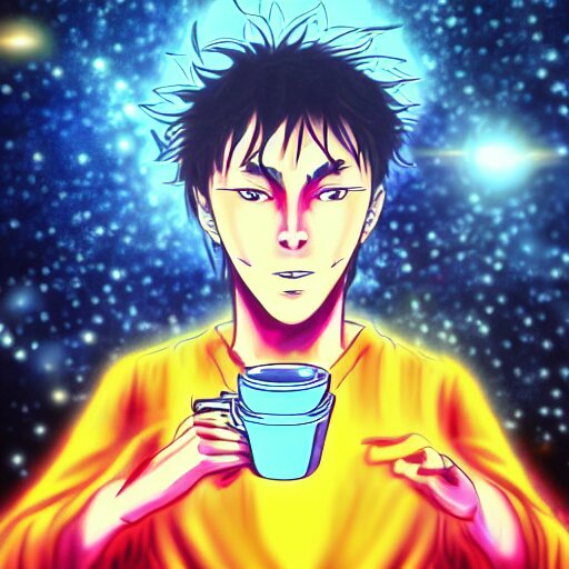 A man drinking a cup of cosmic energy bright light by Hideaki Sorachi, 4k, digital art, surreal, anime style,