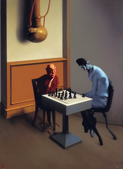 man playing chess with robot, edward hopper and james gilleard, zdzislaw beksinski, in the style of francis bacon, surreal, norman rockwell and malcolm liepke james jean, greg hildebrandt, and mark brooks, triadic color scheme, by greg rutkowski, in the style of syd mead 