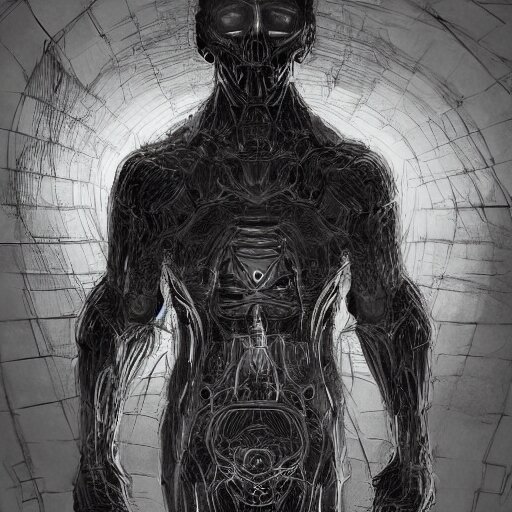 the man in the wall, creepy explorer sketch, godlike design, concept art, massive being beyond the void, grand scale, intricate detailed 
