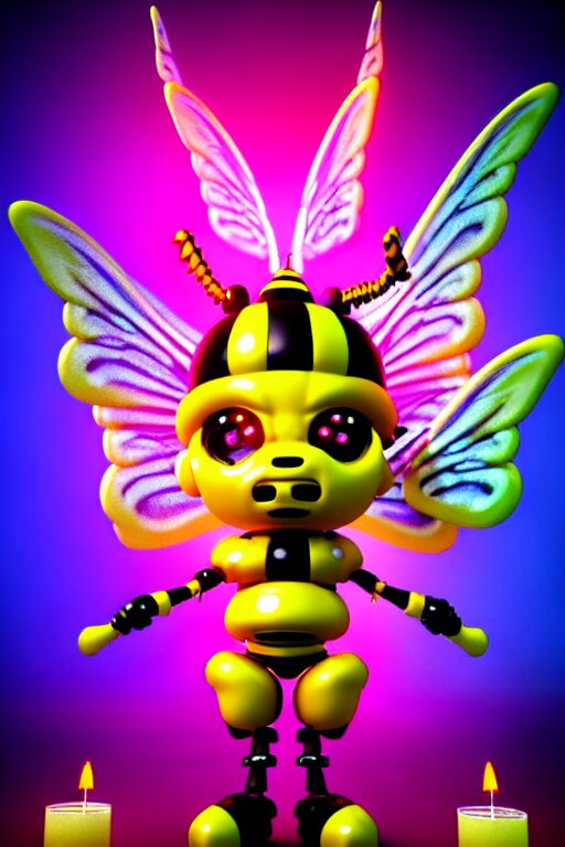 3 d render of chibi cyborg bee demon by ichiro tanida wearing a big cowboy hat covered with melting candles and wearing angel wings against a psychedelic swirly background with 3 d butterflies and 3 d flowers n the style of 1 9 9 0's cg graphics 3 d rendered y 2 k aesthetic by ichiro tanida, 3 do magazine, with chains added. Add some chains