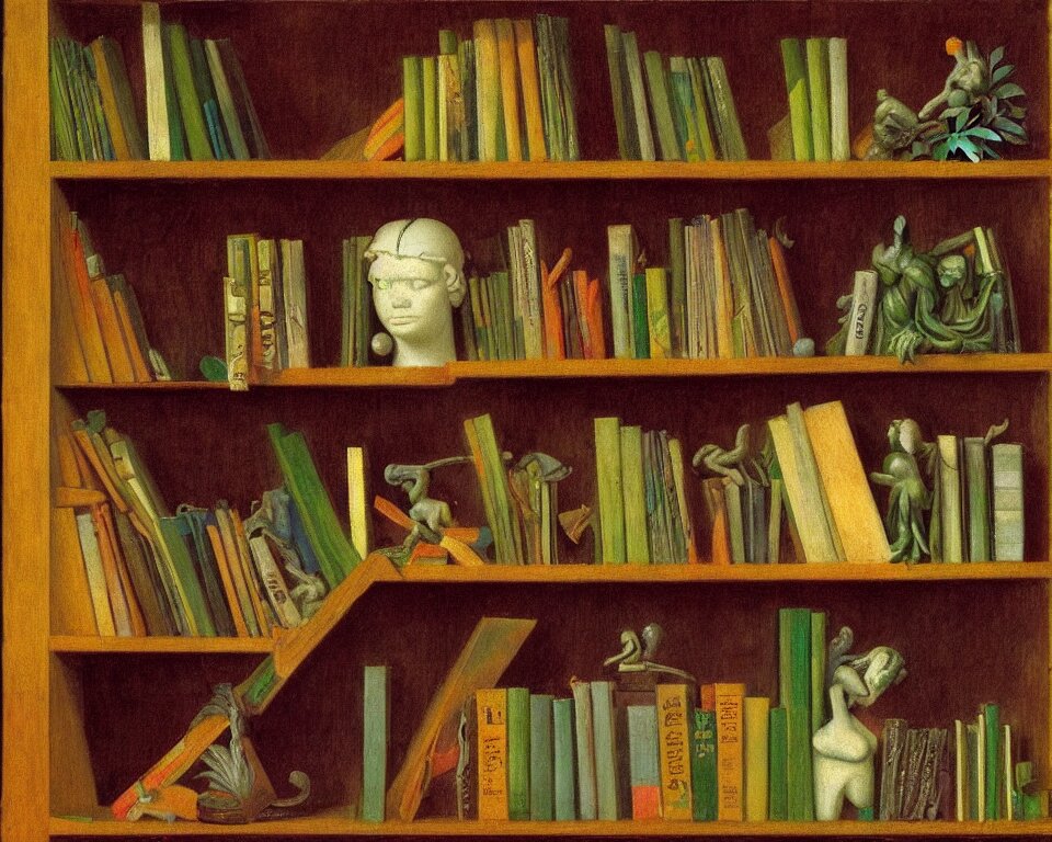 one small bookshelf in the rainforest, featuring marble busts and gavels, by raphael, hopper, and rene magritte. hyperdetailed, proportional, romantic, enchanting, achingly beautiful, graphic print, trending on artstation, 4 k. 