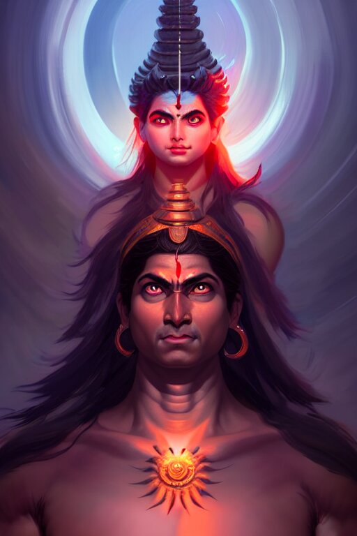 Wide shot of God Shiva the Destroyer, with beautiful eyes and a pretty face! His symmetry and sharp focus are amazing!. Add wings