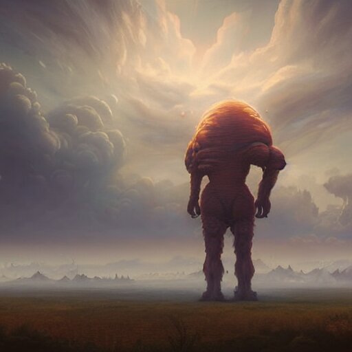 a digital painting of a gigantic big enormous humanoid monster standing in the sky, concept art by simon stalenhag and peter mohrbacher cgsociety, vanitas, ominous, lovecraftian, speedpainting, apocalypse art. mist. unreal engine. hyper - realistic. photo realistic. octane render. detailed masterpiece. extreme wide shot. dutch tilt 