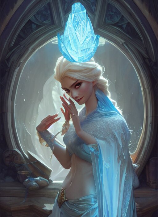 elsa, d & d, fantasy, intricate, elegant, highly detailed, digital painting, artstation, concept art, matte, sharp focus, illustration, hearthstone, art by artgerm and greg rutkowski and alphonse mucha