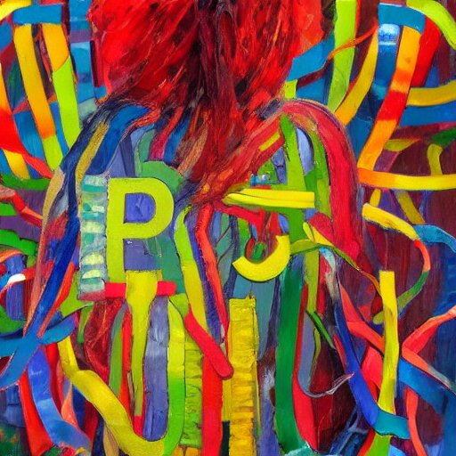 ethereal and expressive abstract oil painting of a person surrounded by ribbons with random letters on them
