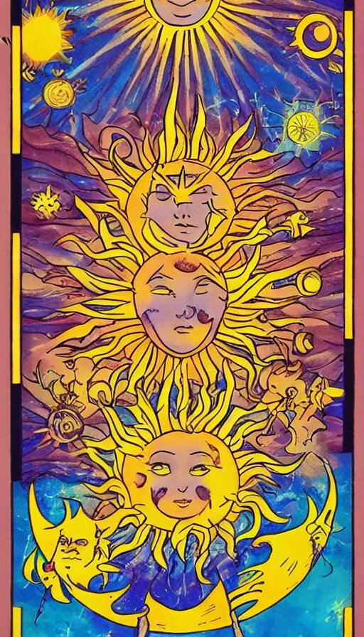 the sun, art, anime, bright light, positive vibes based on the Tarot card The Sun