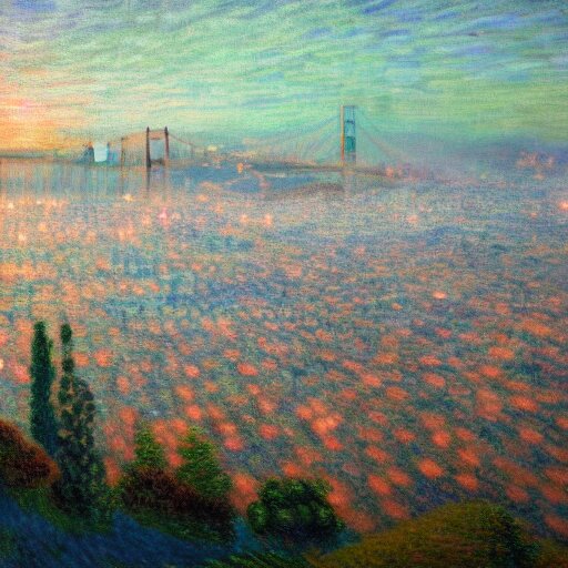 a fantastical painting of dusk over san francisco bay area,, epic light scene, spectacular, finely detailed, whimsical, contemporary, mixed - media, award winning, 8 k, trending on artstation, volumetric lighting, octane render uhd artwork by picasso and by monet and by de vinci 