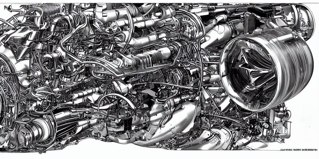 f1 engine cutaway illustration highly detailed by jean giraud moebius engineering black and white chrome