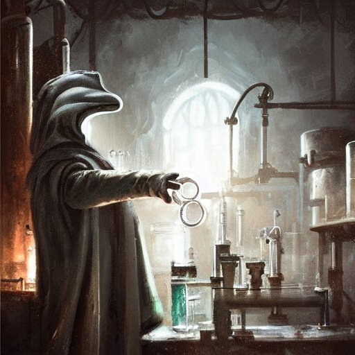 medieval fantasy alchemist wearing a plague doctor mask working in laboratory, oil painting, by Greg Rutkowski