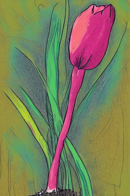 colorful sketch in a simple style of a side view of a planted tulip with roots going deep into the ground with the colors of mexico 