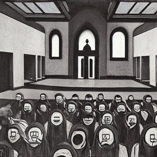 apocalyptic scene, prayer, occult, refugees, mosque synagogue interior, gas masks, geometric art, patina, Edward Hopper, PJ Crook