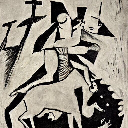 shadow of the colossus secene, el guernica painting style, 