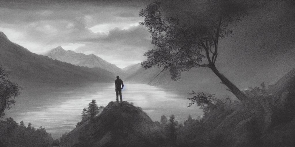 A majestic landscape featuring a river, mountains and a forest. There is an old man standing, wearing a backpack and staring at the sunset. Cinematic, very beautiful, pencil drawing