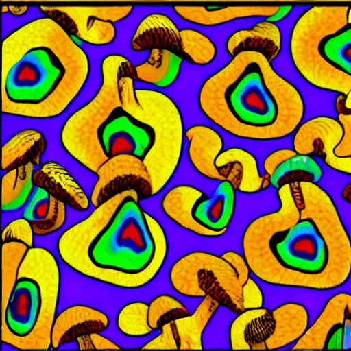colorful autostereogram illusion with psychedelic mushrooms dancing among a twilight desert of peyote 
