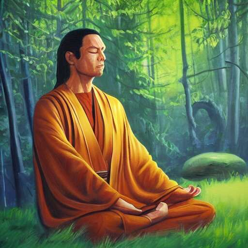 A Jedi meditating in the forest, oil painting