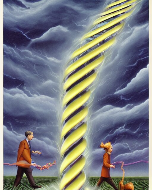 in a field, two scientists in lab coats encounter a monster shaped like the DNA double helix, stormy weather, by Rob Gonsalves, faster, more intense
