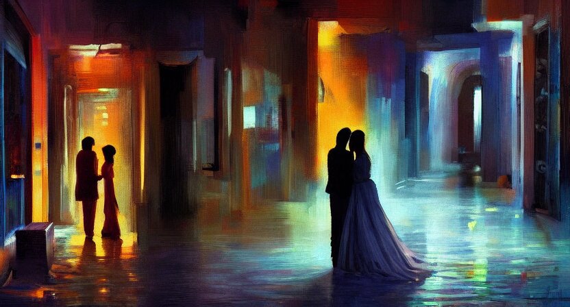 lovers in the dark. art by salman toor. global illumination, radiant light, detailed and intricate environment, atmospheric light, cinematic, saatchi art 