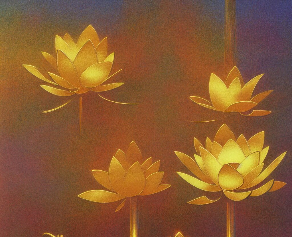 a pastel in the style of noriyoshi ohrai and mark tedin of an ancient gilded metal lotus. the background is a greek temple. key art. 4 k retrofuturistic fantasy 