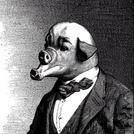 detailed portrait of a pig in a tuxedo, illustration by Paul Gustave Doré