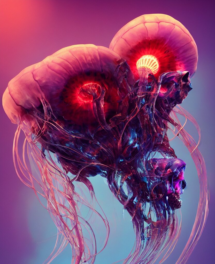 goddess close-up portrait ram skull. jellyfish phoenix head, nautilus, orchid, skull, betta fish, bioluminiscent creatures, intricate artwork by Tooth Wu and wlop and beeple. octane render, trending on artstation, greg rutkowski very coherent symmetrical artwork. cinematic, hyper realism, high detail, octane render, 8k