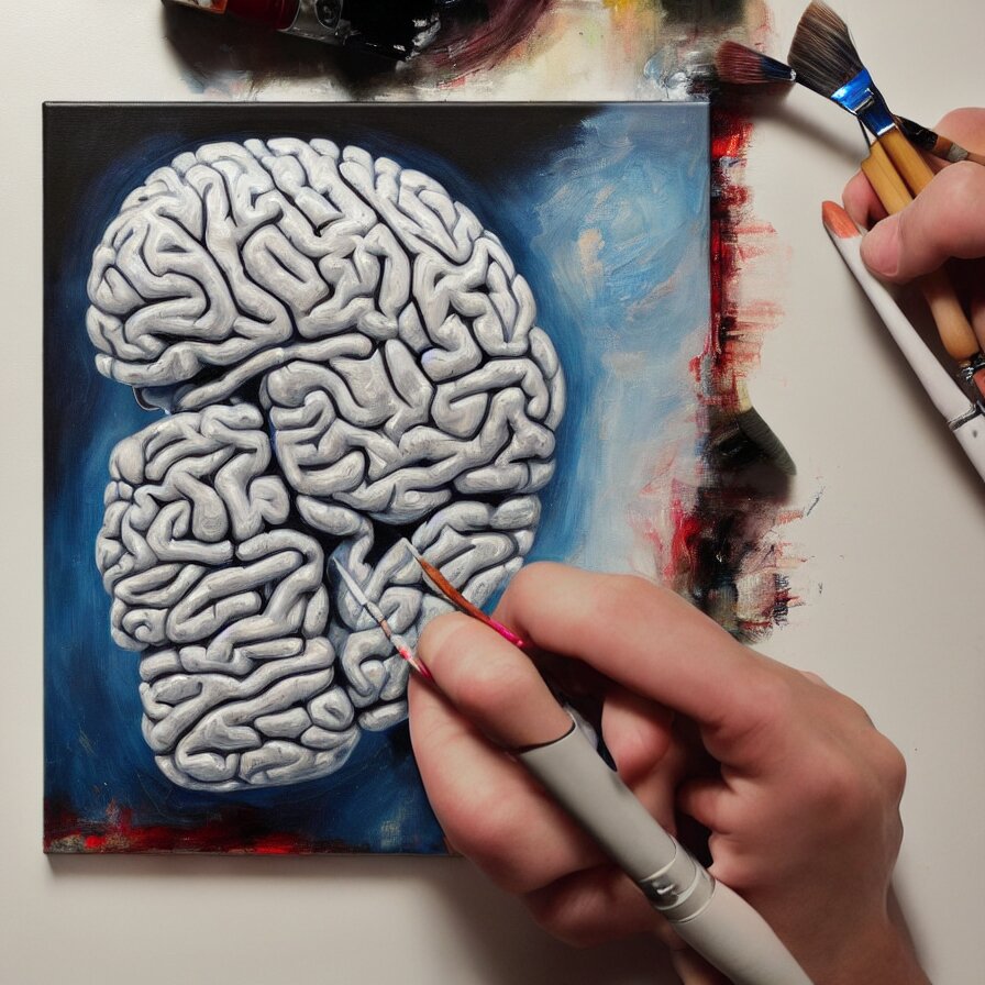 A robotic technician in a modern artist studio, painting a human brain with a robotic paintbrush.