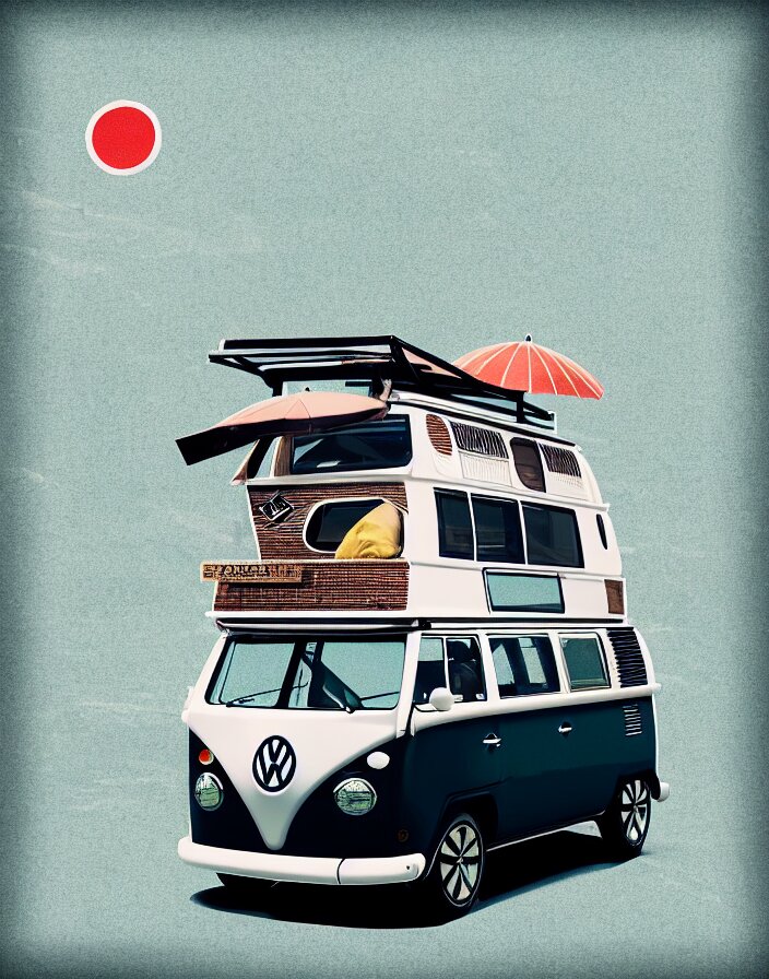 front view vw camper touring rural japan, a collage painting, in the style of wes anderson, lola dupre, david hockney, isolated on negative white space background dark monochrome fluorescent spraypaint accents volumetric octane render, no double subject