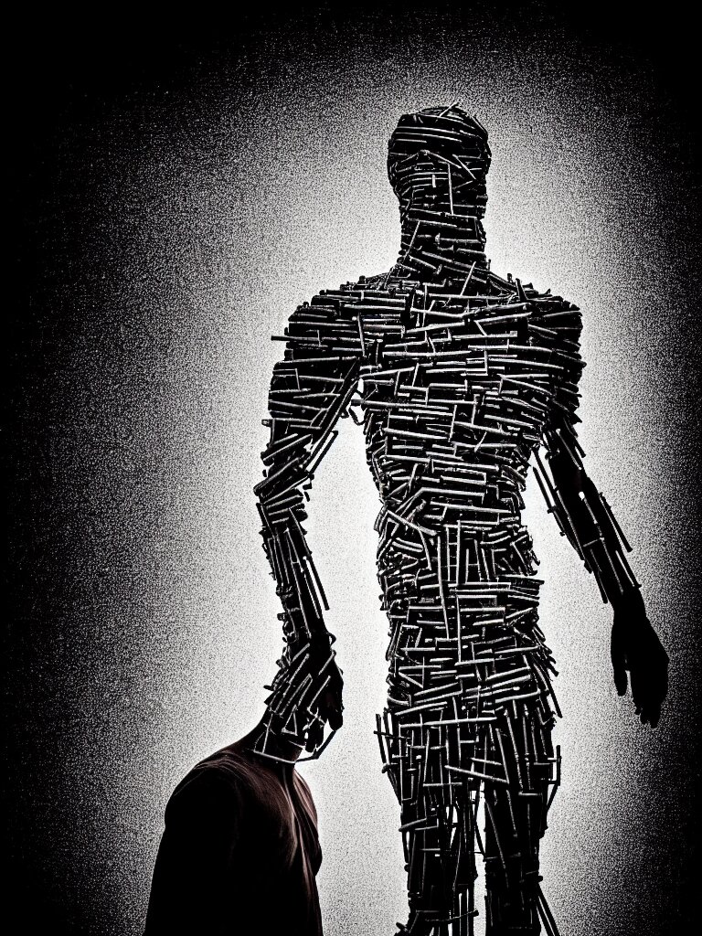 a perfect portrait photograph, of an exploded man, every part is joined together by iron rods. perfect focus and studio lighting. 