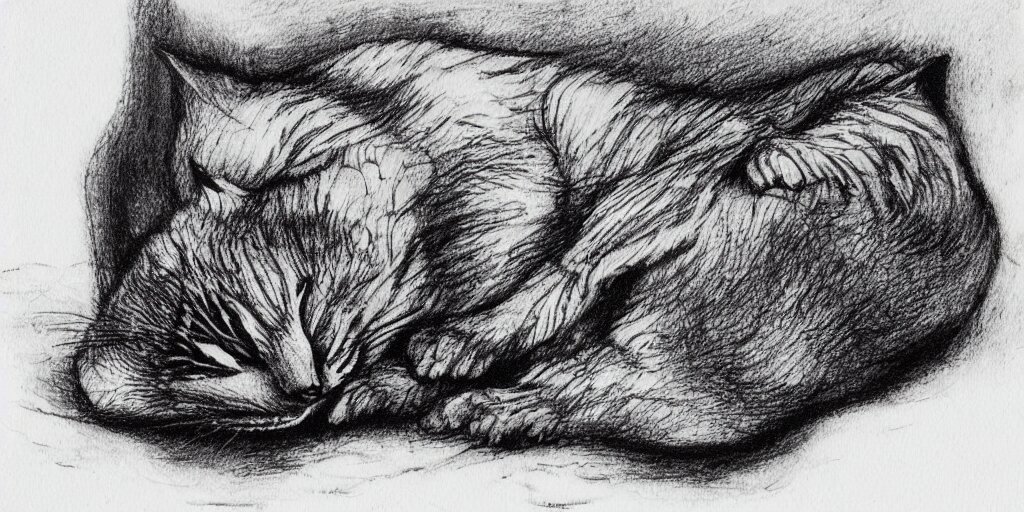 ink lineart drawing of a sleeping cat, white background, etchings by goya, chinese brush pen illustration, high contrast, deep black tones, contour