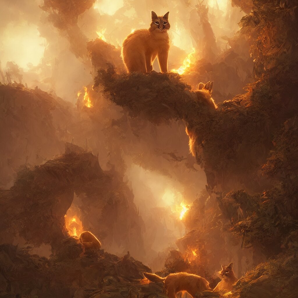 many cute fluffy caracals, fire, magic, symmetric, fantasy epic legends stylized digital illustration radiating a glowing aura global illumination ray tracing hdr fanart arstation, 8 k, art by greg rutkowski 