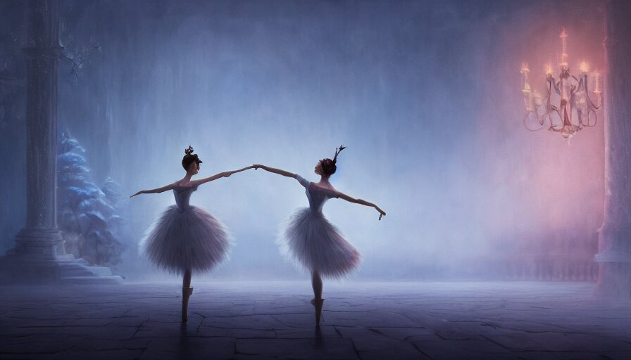 the nutcracker and the ballerina, detailed oil painting, cinematic shot, hyperrealistic, breathtaking, volumetric lighting, cinematic lighting, dynamic, Studio Ghibli, digital art, octane render, epic composition, trending on artstation, masterpiece, dark souls vibe, dark atmosphere