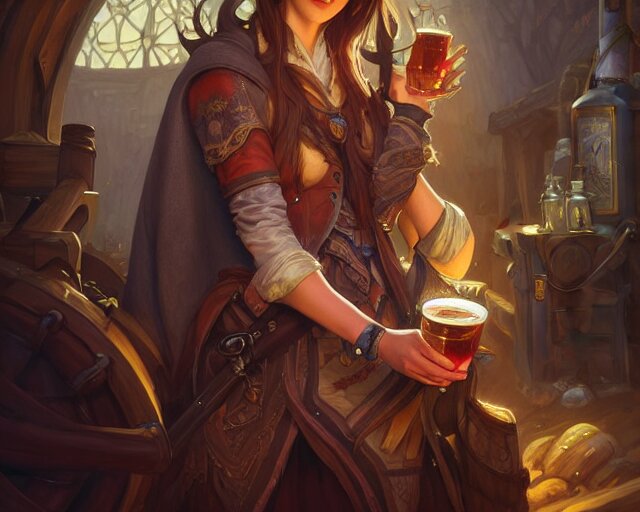 bard in a brewery wearing informal clothing, deep focus, d & d, fantasy, intricate, elegant, highly detailed, digital painting, artstation, concept art, matte, sharp focus, illustration, hearthstone, art by artgerm and greg rutkowski and alphonse mucha 