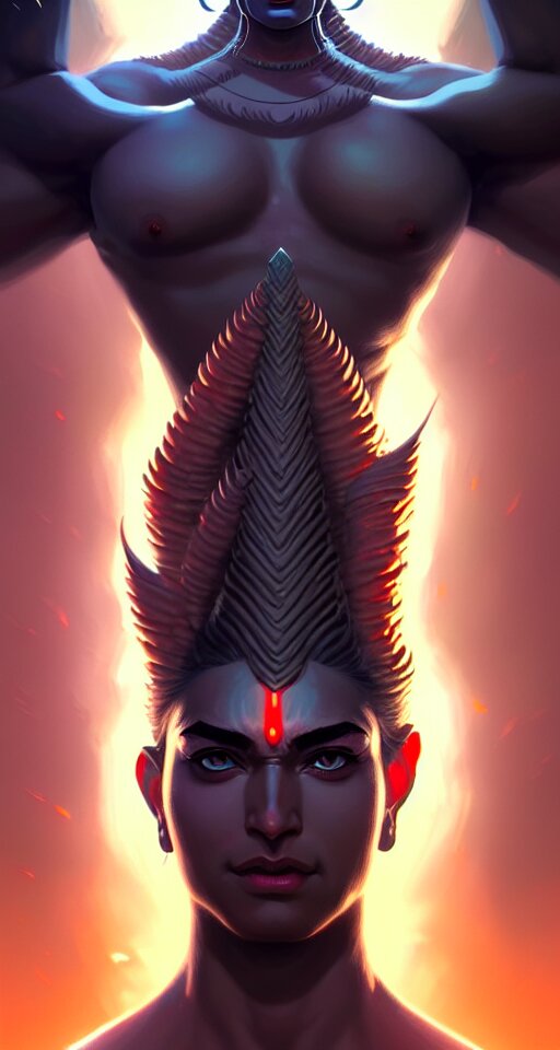 God Shiva the Destroyer with Beautiful Eyes! Pretty Face!! Symmetry! Concept Art! Sharp Focus! Illustration! Art by Artgerm! Greg Rutkowski Magali Villeneuve Wlop! Ilya Kuvshinov!! Octane Render. Add an extra, life-sized, head to the body